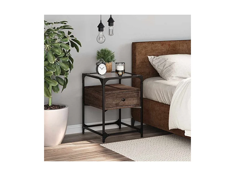 Nachtkastje 40x40x55 cm bewerkt hout bruin eikenkleur