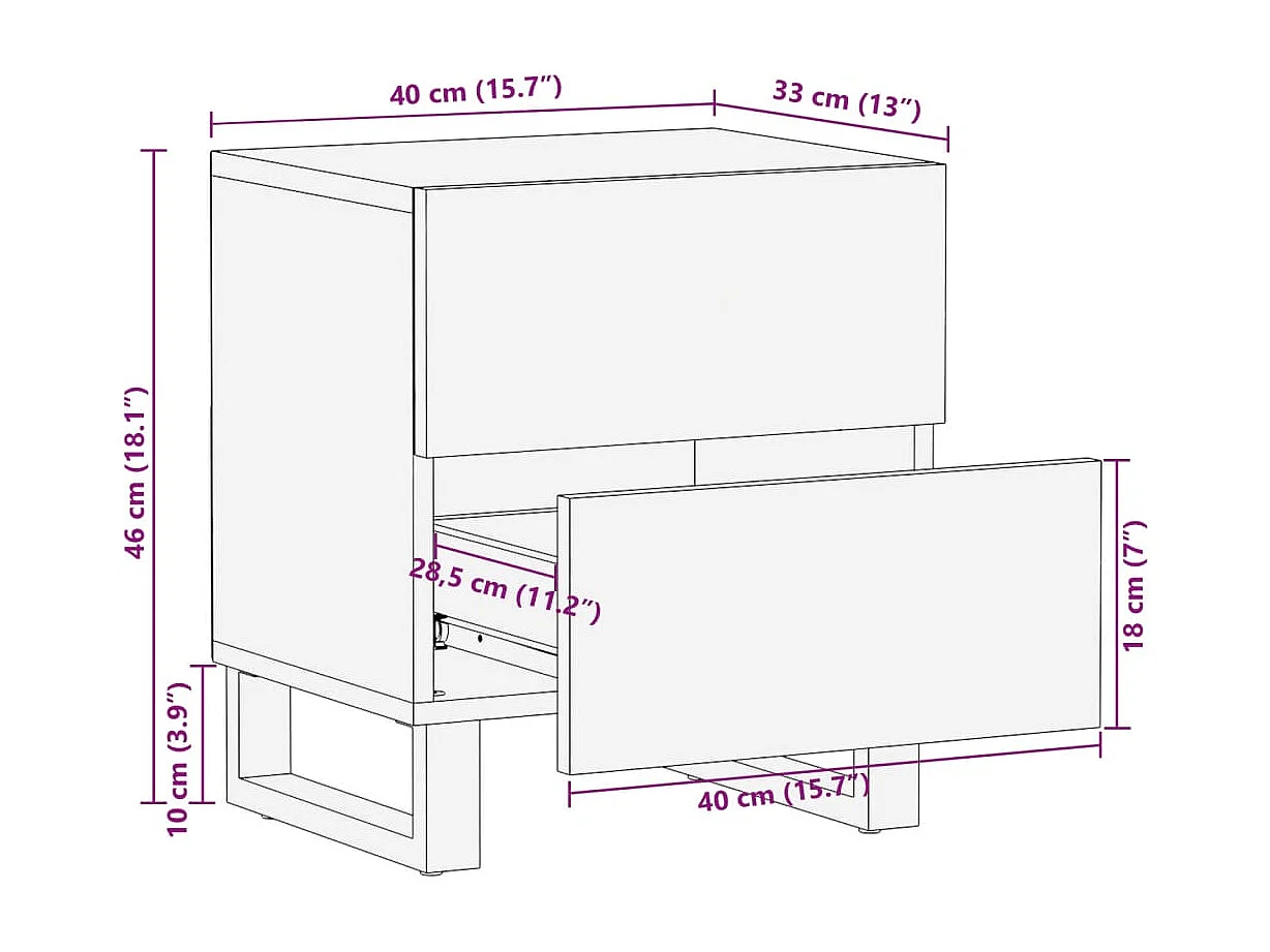 Comodino 40x34x46 cm in Legno Massello di Mango Sbiancato