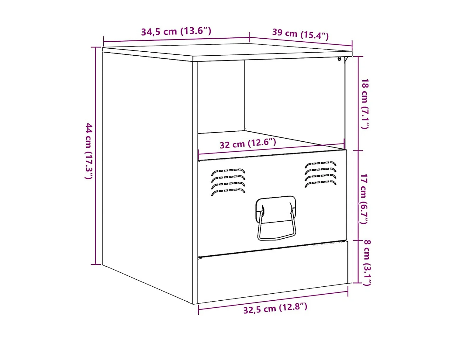 Table de chevet vert olive 34,5x39x44 cm acier