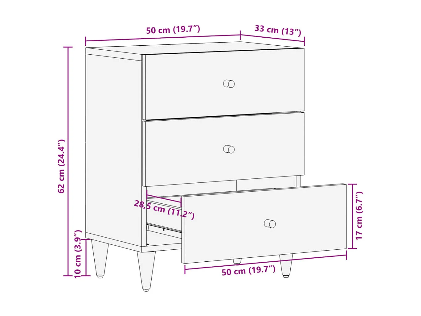 Table de chevet 50x33x62 cm Bois de manguier solide