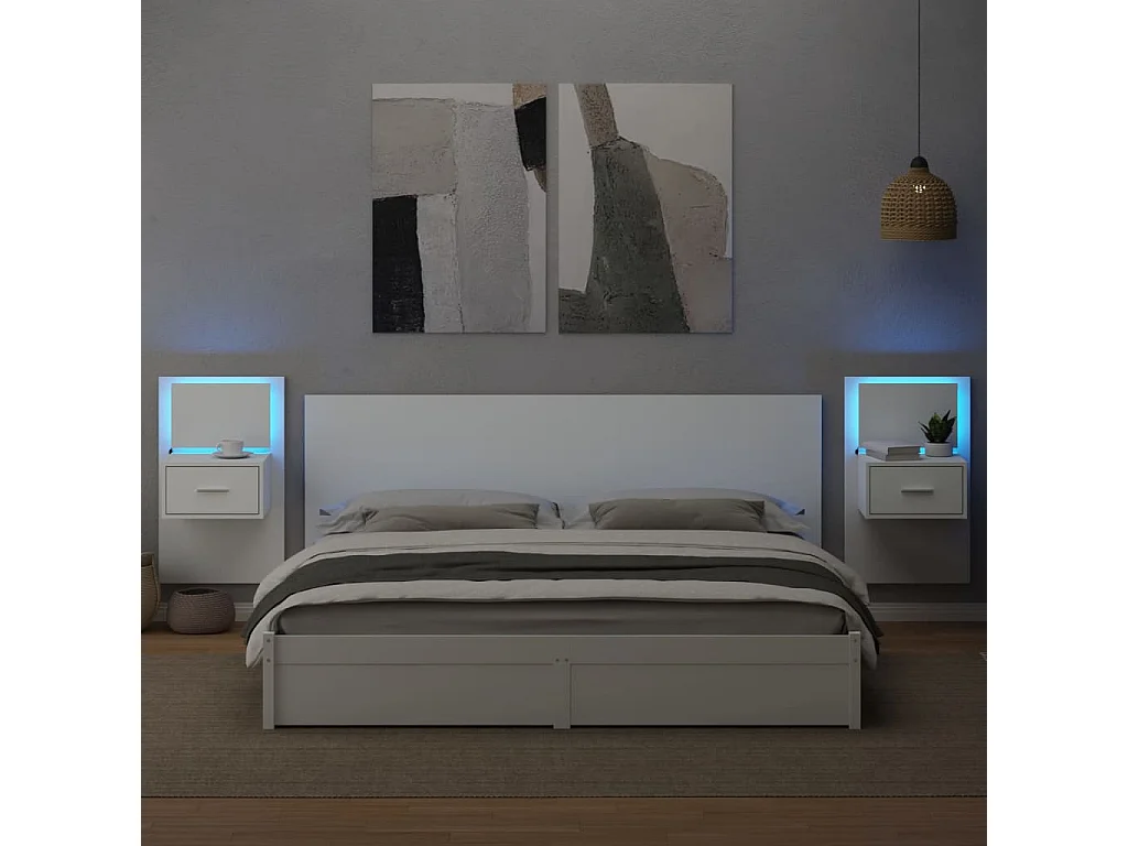 Tables de chevet murales avec lumières LED 2 pcs blanc