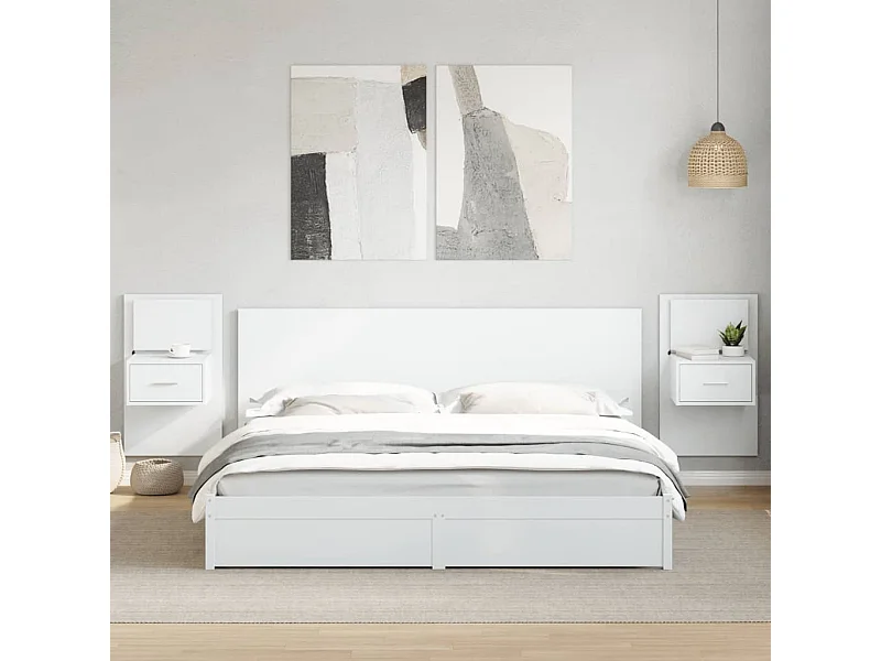 Tables de chevet murales avec lumières LED 2 pcs blanc