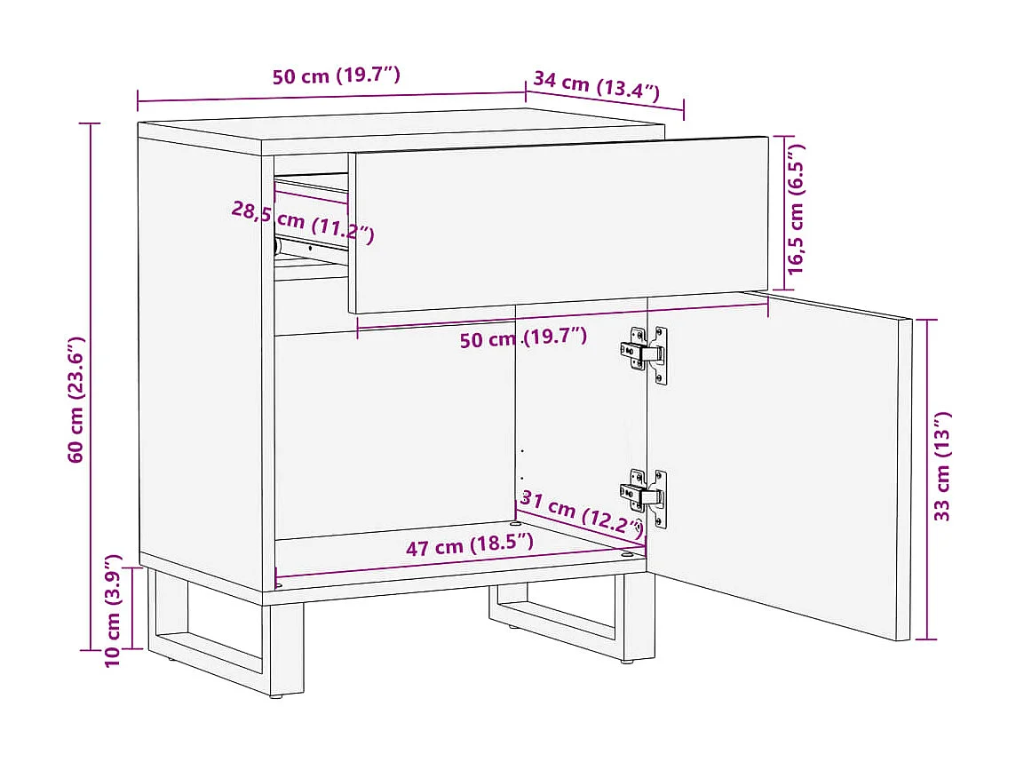 Table de chevet 50x34x60 cm bois de manguier massif brut