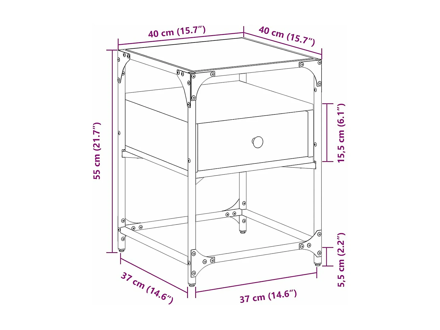 Nachtkastje 40x40x55 cm bewerkt hout gerookt eikenkleurig