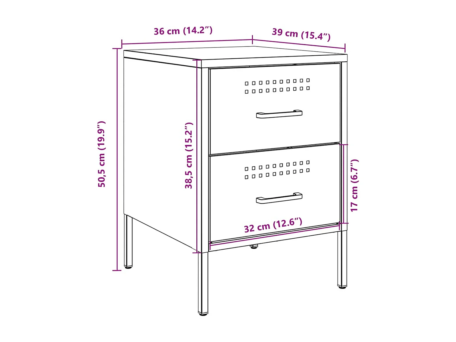 Table de chevet rose 36x39x50,5 cm acier