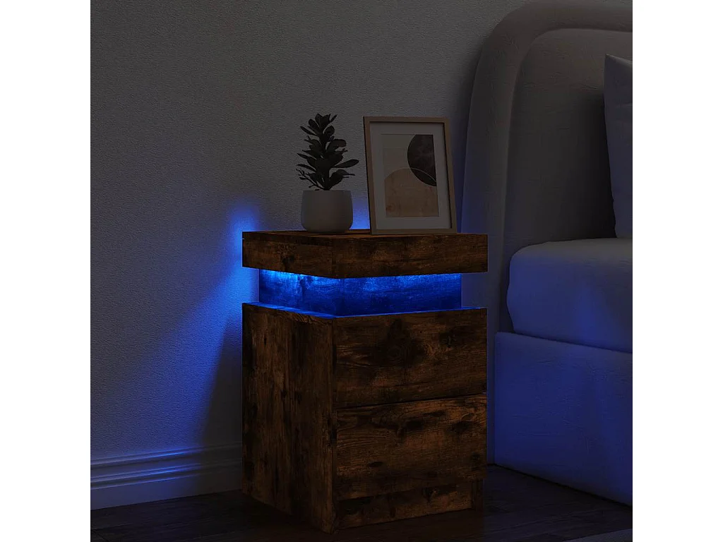 Mesita de noche con luces LED roble ahumado 35x39x55 cm