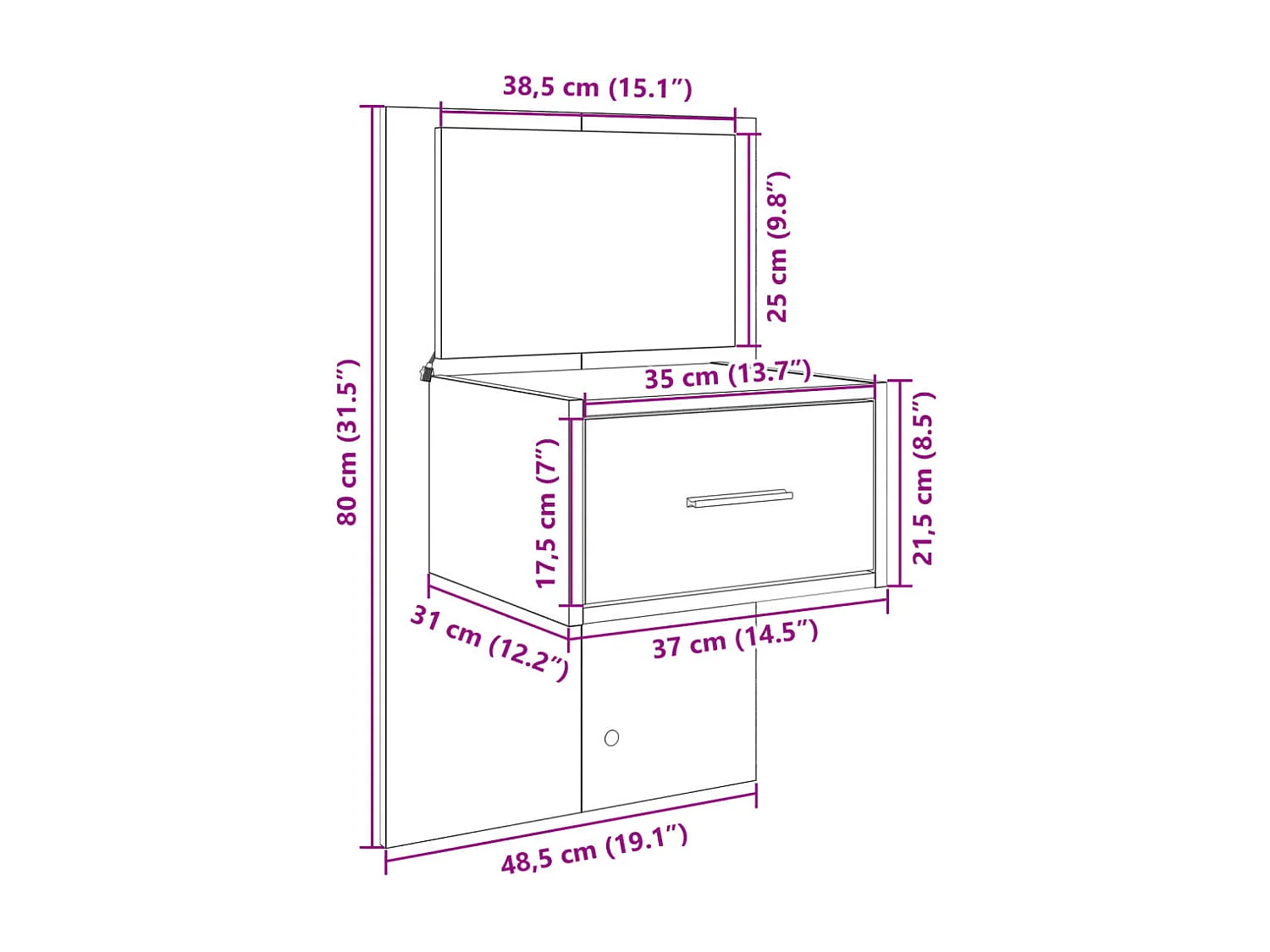 Table de chevet murale avec lumières LED gris béton