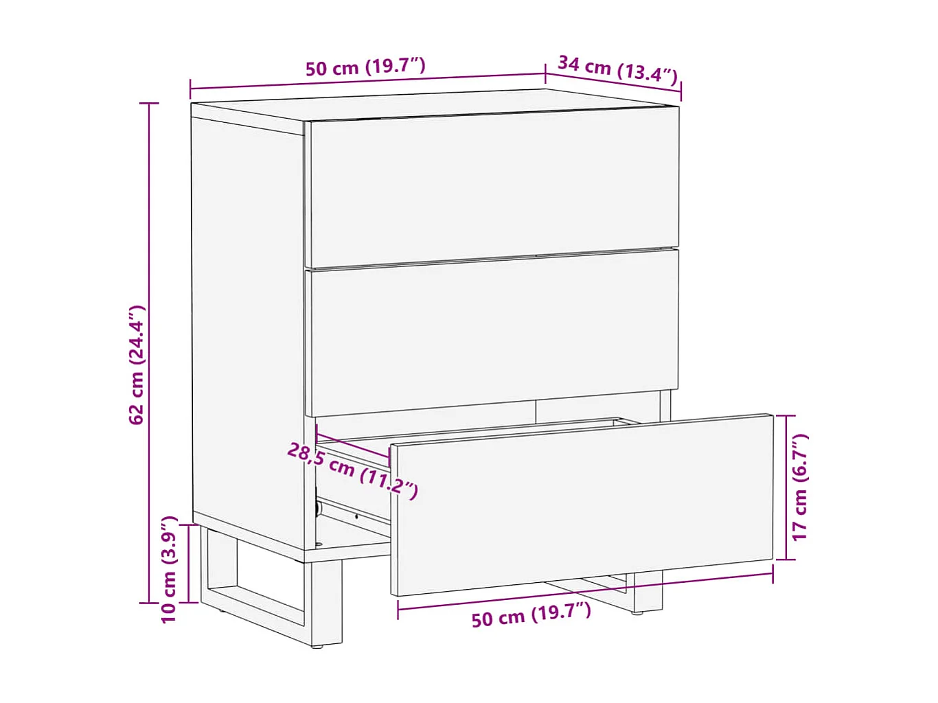 Table de chevet marron 50x34x62 cm bois manguier solide