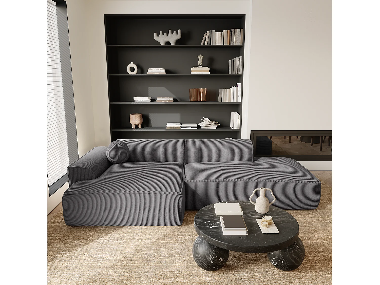 Canapé angle gauche velours côtelé crème 260cm  4 places ANIA en velours côtelé gris anthracite
