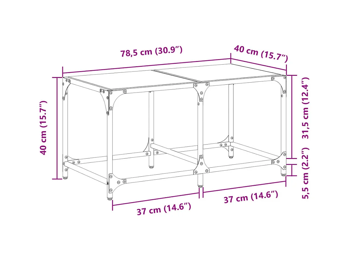 Table basse avec dessus en verre transparent 78,5x40x40cm acier