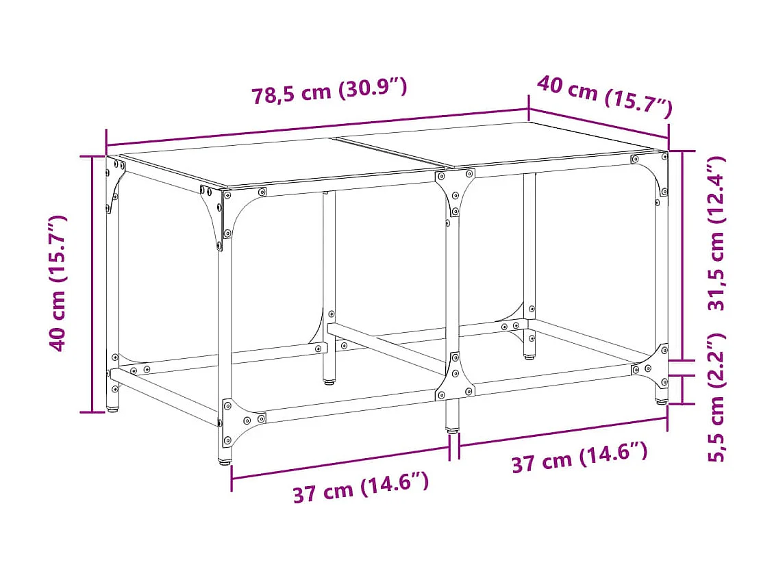 Table basse avec dessus en verre transparent 78,5x40x40cm acier