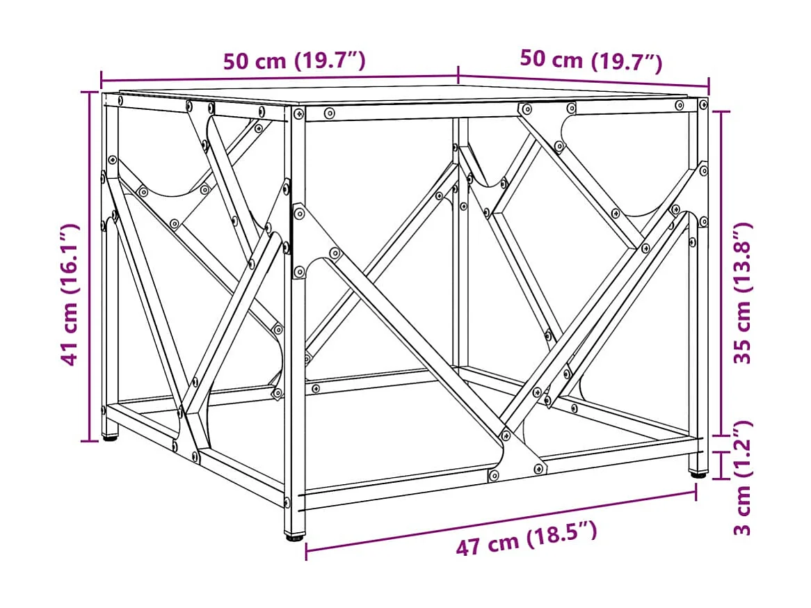 Table basse avec dessus en verre transparent 50x50x41 cm acier