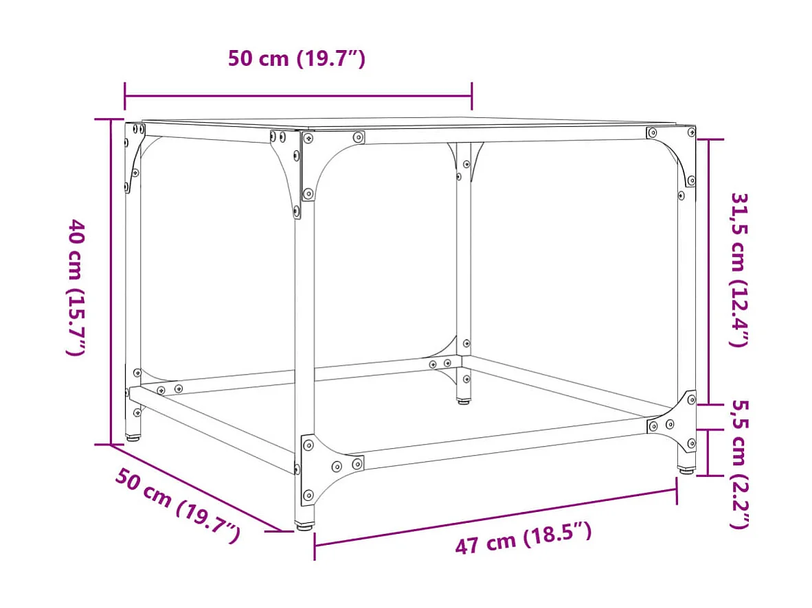 Salontafel met zwart glazen blad 50x50x40 cm staal