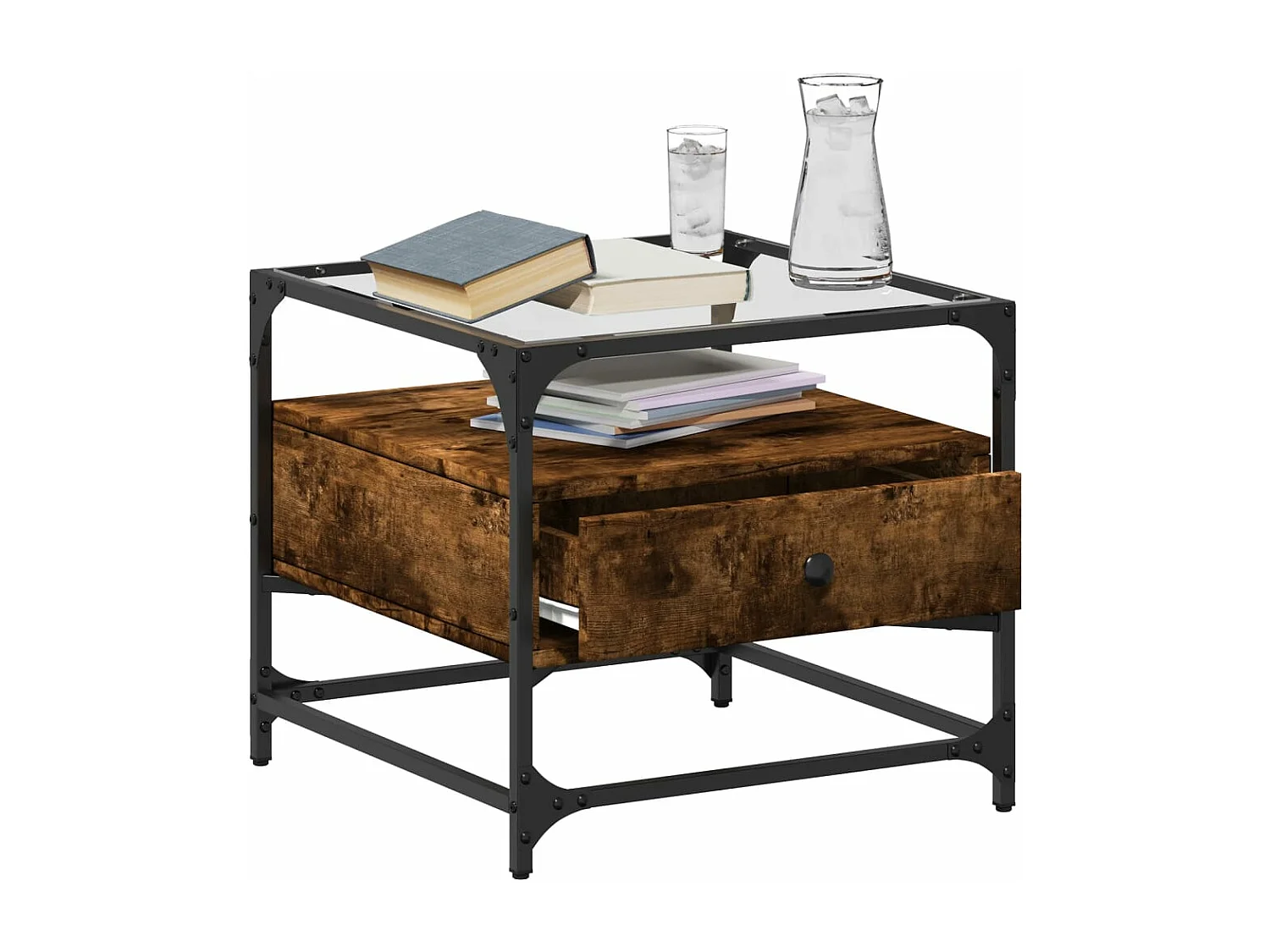 Table basse avec dessus en verre chêne fumé 50x50x45 cm acier