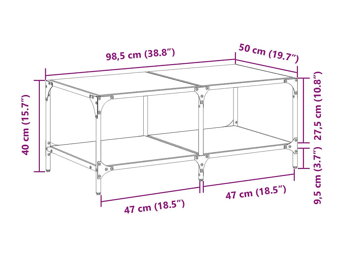Table basse avec dessus en verre transparent 98,5x50x40cm acier
