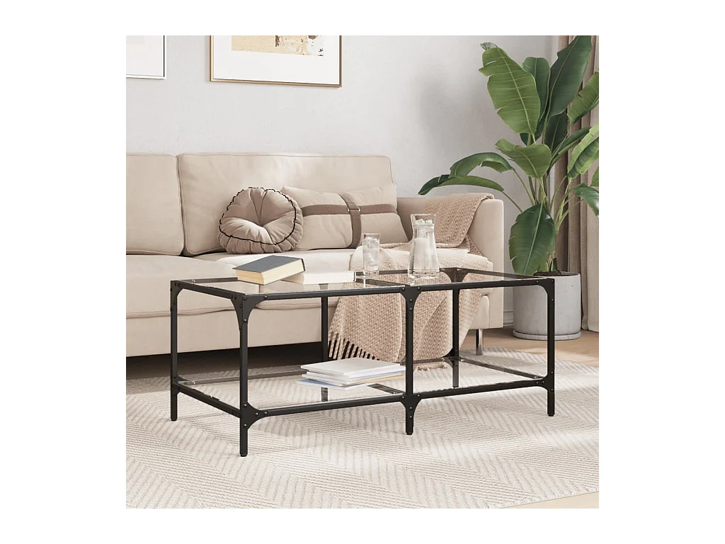 Table basse avec dessus en verre transparent 98,5x50x40cm acier