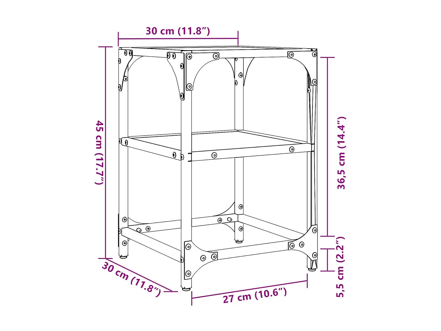 Table basse avec dessus en verre transparent 30x30x45 cm acier