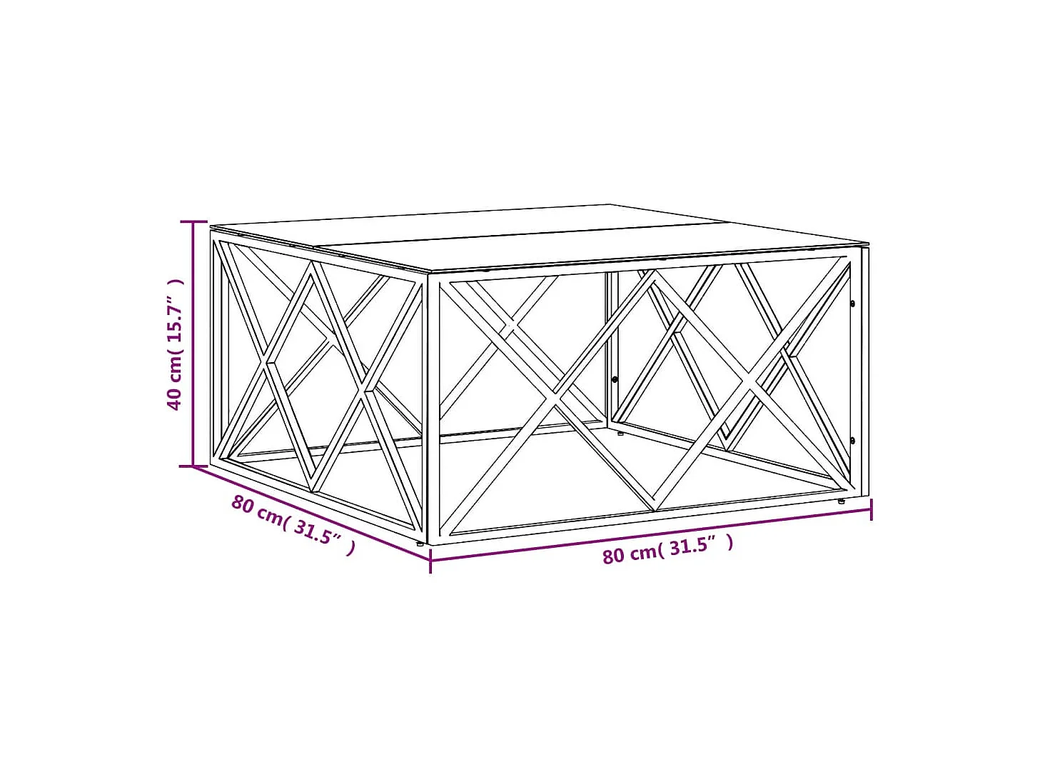 Table basse 80x80x40 cm acier inoxydable et verre