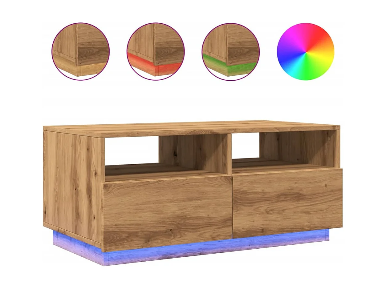 Table basse avec lumières LED chêne artisanal 90x49x40 cm
