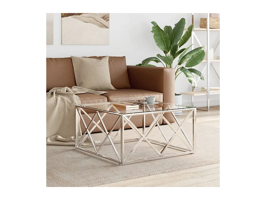 Table basse 80x80x40 cm acier inoxydable et verre