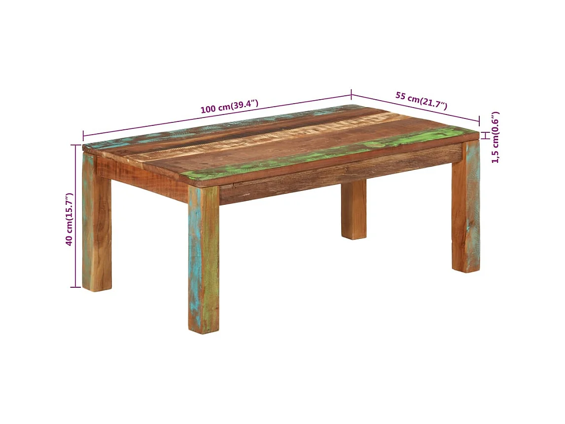 Mesa de centro 100x55x40 cm madeira recuperada maciça
