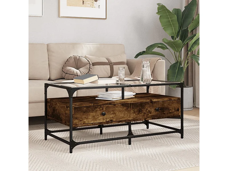 Mesa de centro c/topo de vidro 98,5x50x45cm carvalho fumado aço
