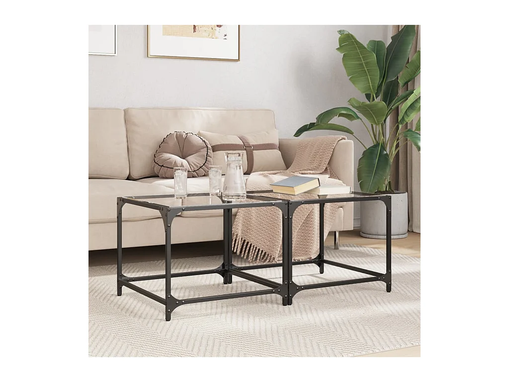 Tables basses avec dessus en verre transparent 2 pièces acier