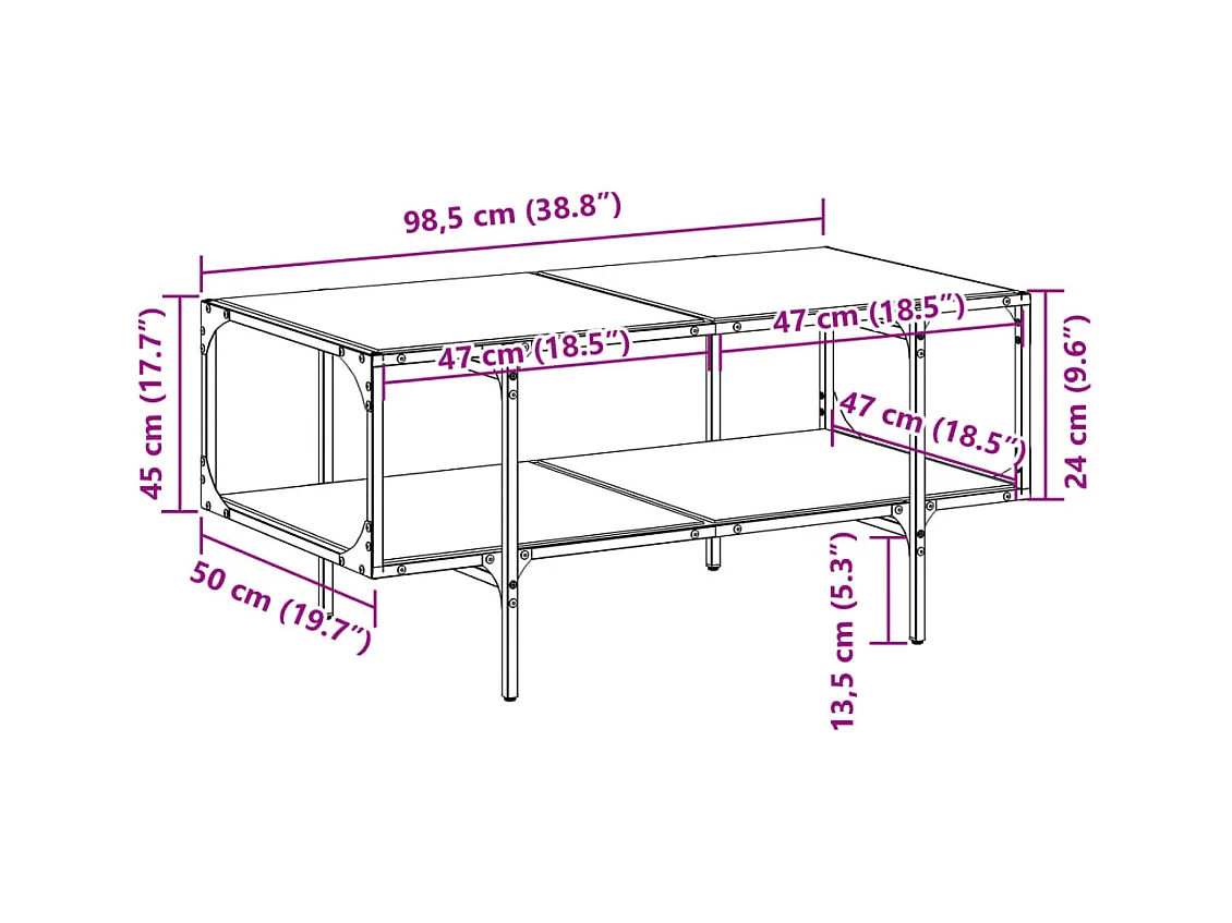 Table basse avec dessus en verre transparent 98,5x50x45cm acier