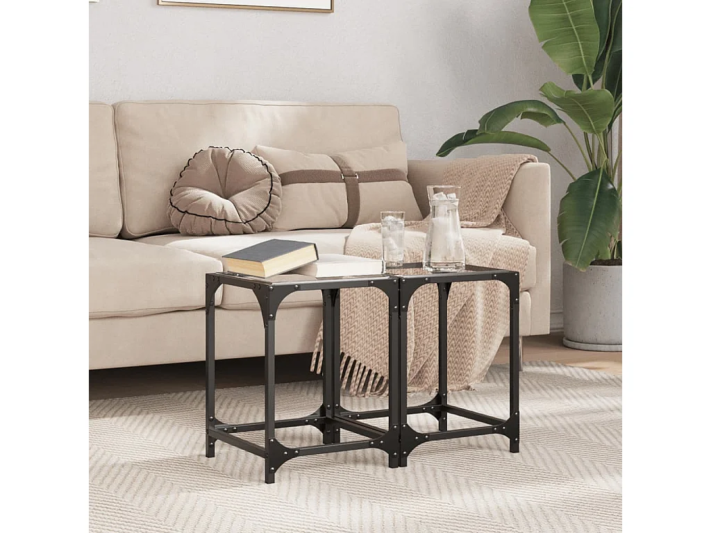 Tables basses avec dessus en verre transparent 2 pièces acier