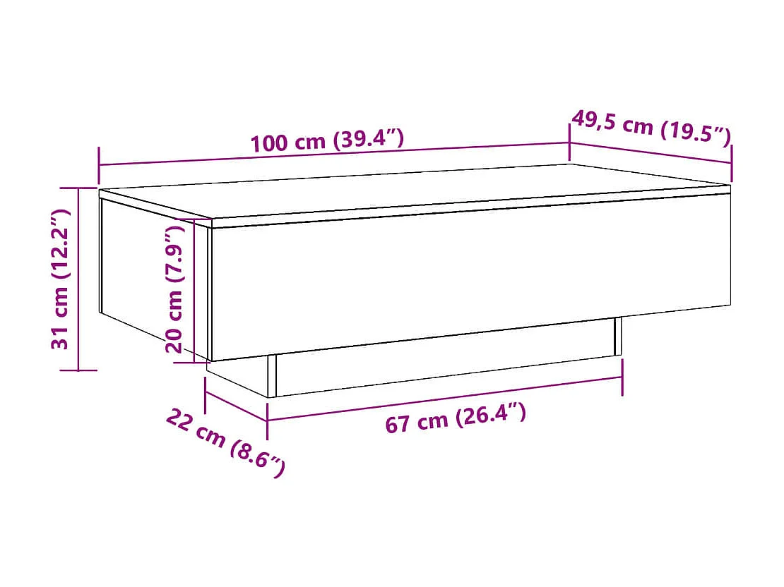 Table basse chêne artisanal 100x49,5x31 cm bois d'ingénierie