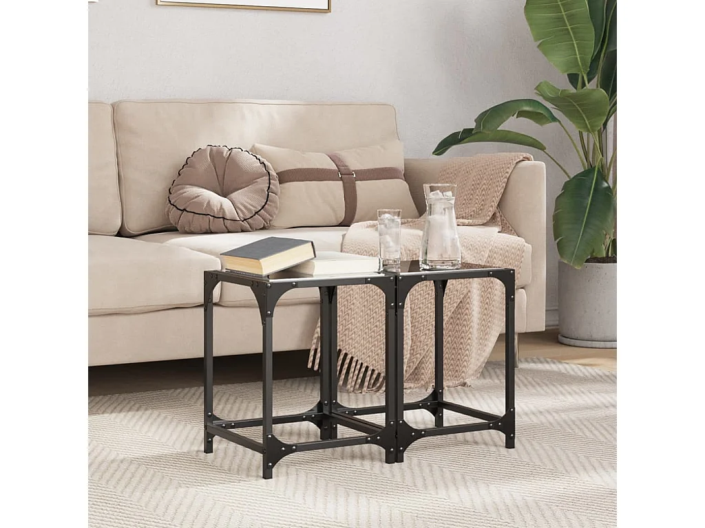 Salontafels 2 st met zwart glazen blad 30x30x40 cm staal