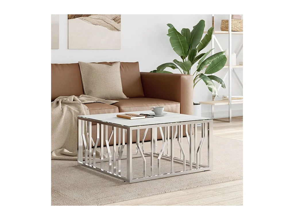 Table basse argenté 80x80x40 cm acier inoxydable et verre