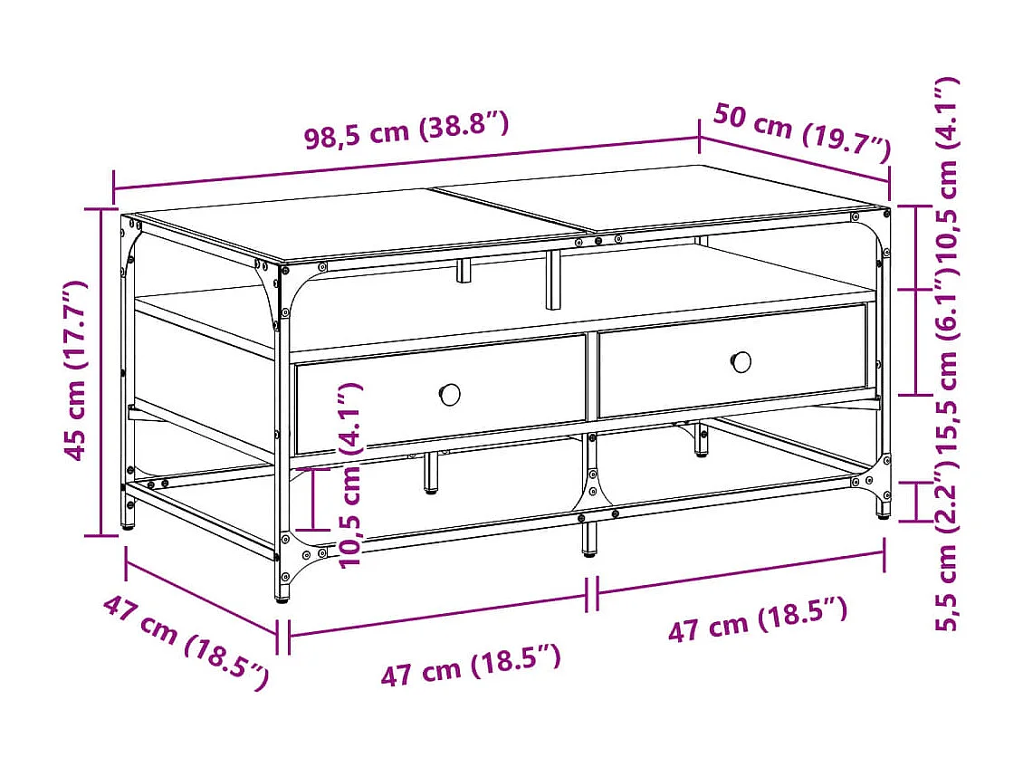 Mesa de centro c/ topo vidro 98,5x50x45cm carvalho castanho aço