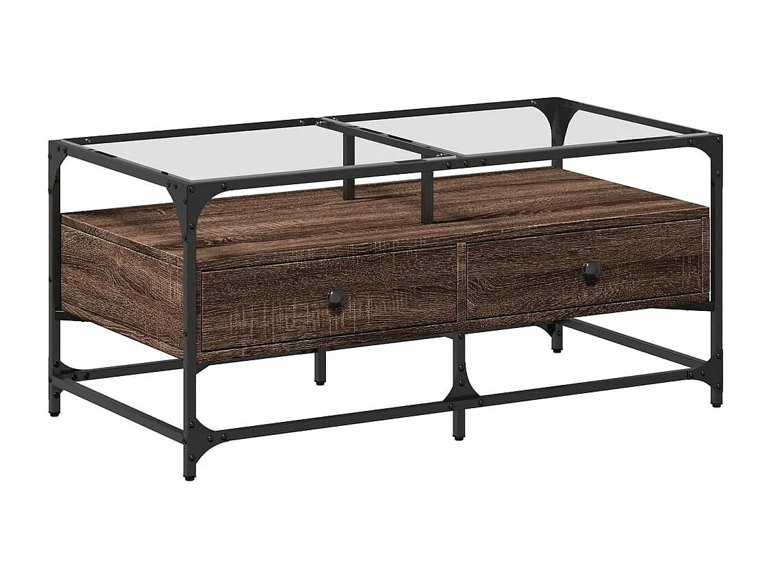 Table basse et dessus en verre chêne marron 98,5x50x45 cm acier