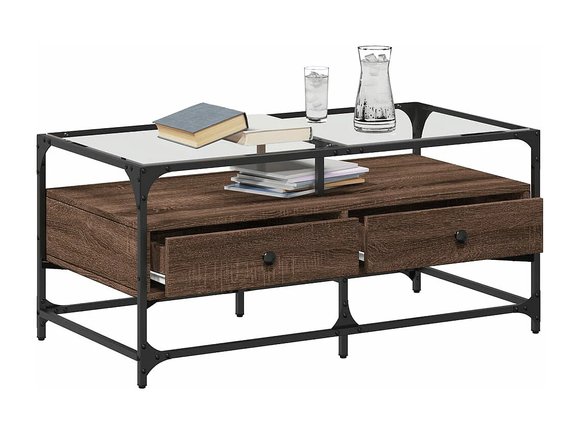 Table basse et dessus en verre chêne marron 98,5x50x45 cm acier