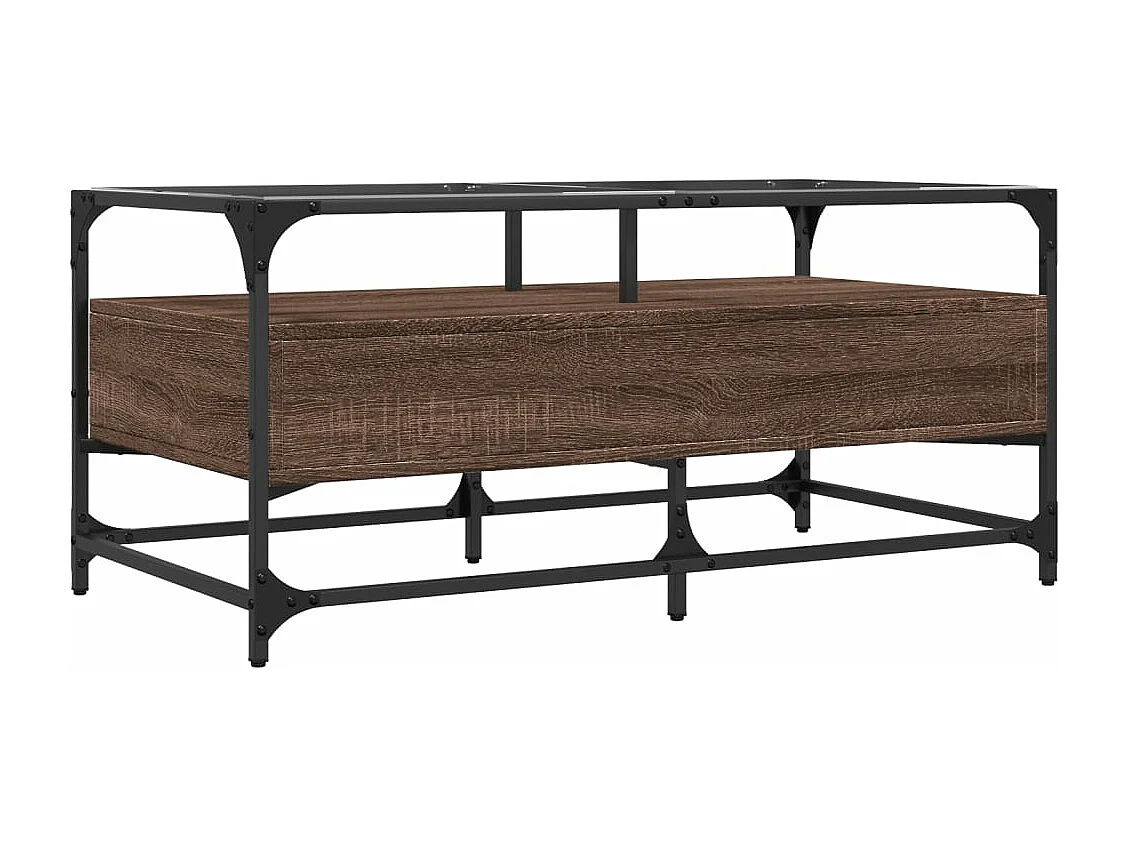 Table basse et dessus en verre chêne marron 98,5x50x45 cm acier