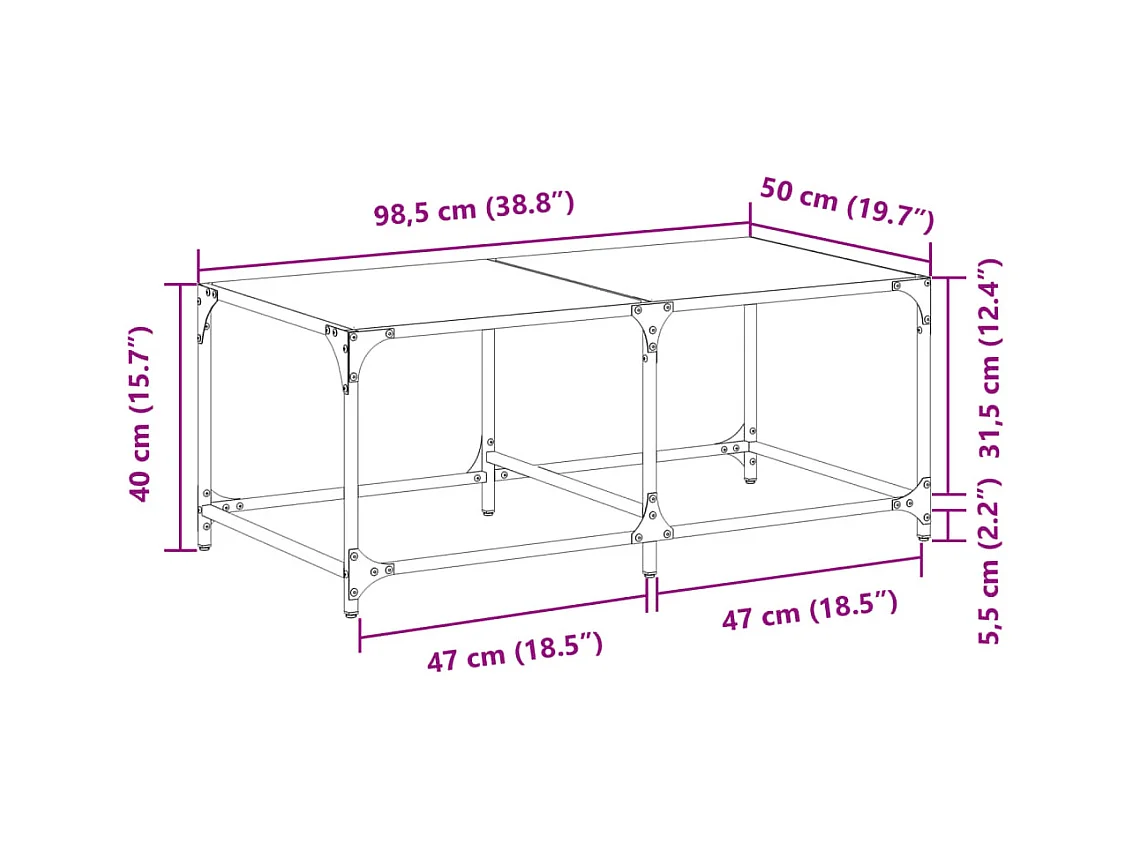 Table basse avec dessus en verre transparent 98,5x50x40cm acier