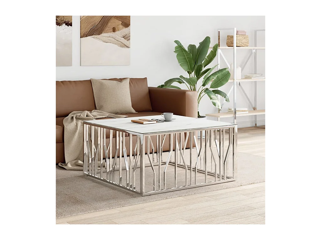 Table basse argenté 100x100x50 cm acier inoxydable et verre