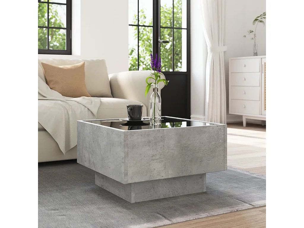 Salontafel met LED 50x50x30 cm bewerkt hout betongrijs