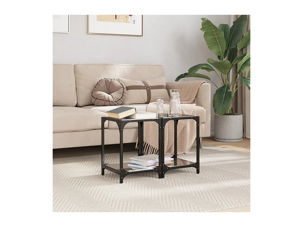 Tables basses avec dessus en verre noir 2 pièces 30x30x40 cm acier