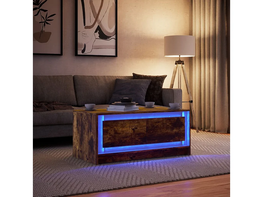 Mesa de centro con luces LED madera de ingeniería roble ahumado