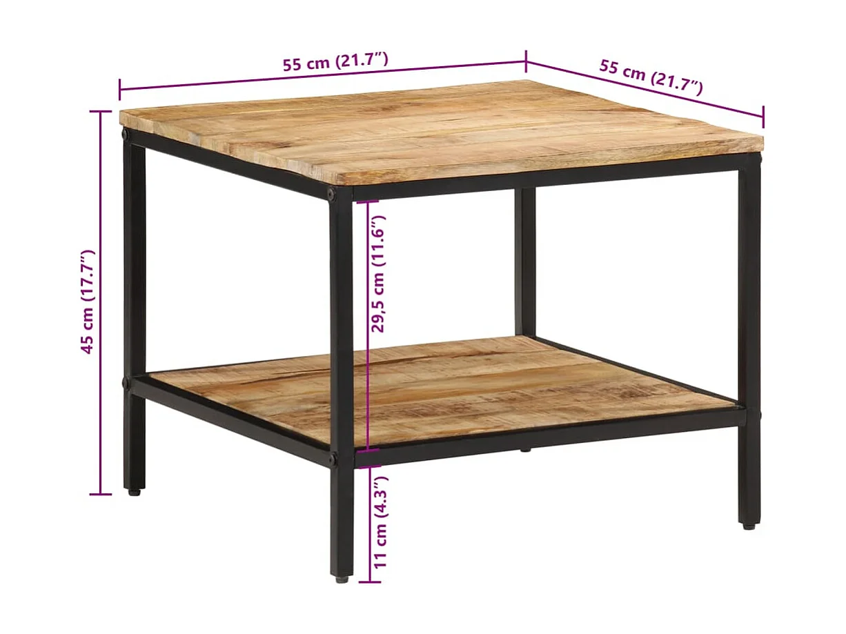 Mesa de centro de madera maciza de mango rugosa 55x55x45 cm