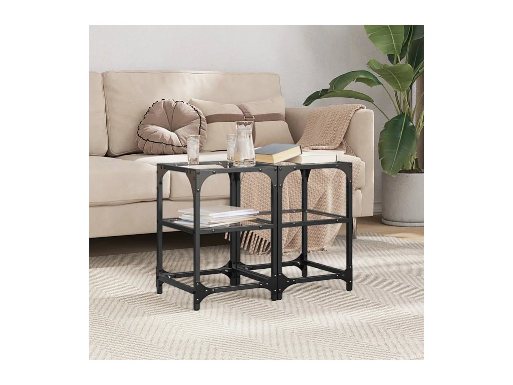 Tables basses avec dessus en verre transparent 2 pièces acier