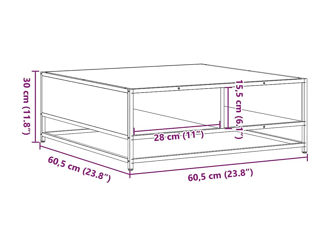Table basse chêne marron 60,5x60,5x30cm bois d'ingénierie/métal