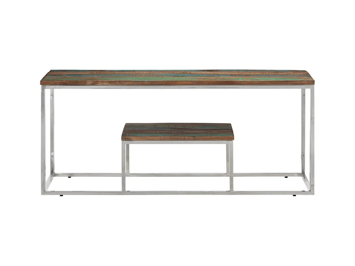 Table basse argenté acier inoxydable/bois massif récupération