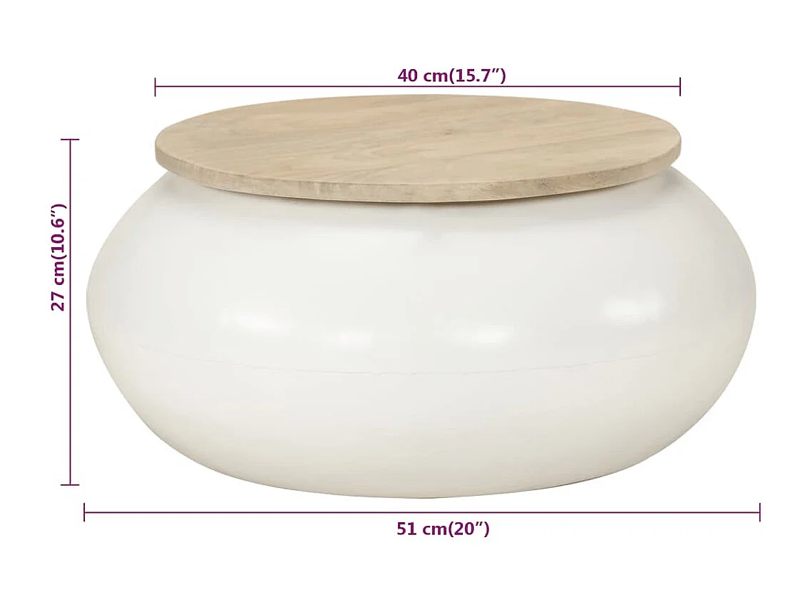 Mesa de centro de madera maciza de mango blanca 51x51x27 cm