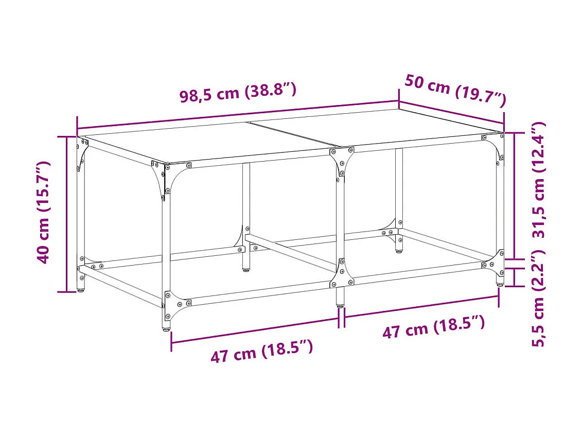 Salontafel met zwart glazen blad 98,5x50x40 cm staal