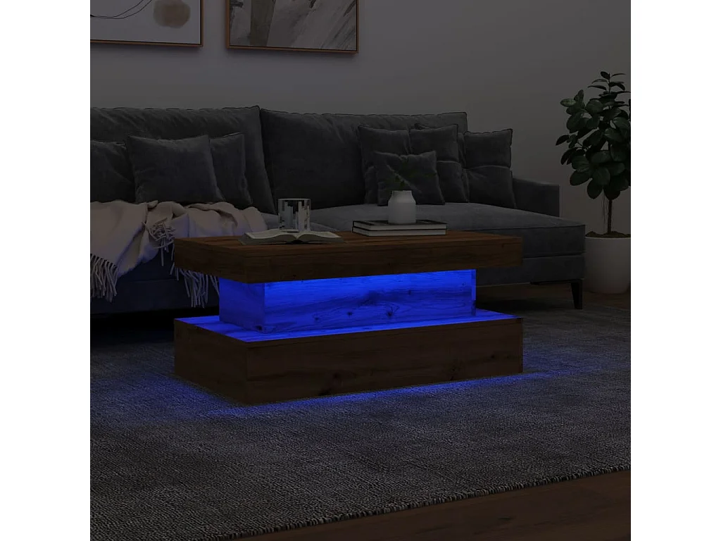 Table basse avec lumières LED chêne artisanal 90x50x40 cm