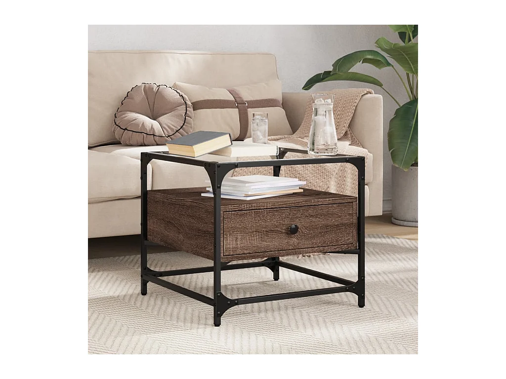 Mesa de centro c/ topo vidro 50x50x45 cm carvalho castanho aço