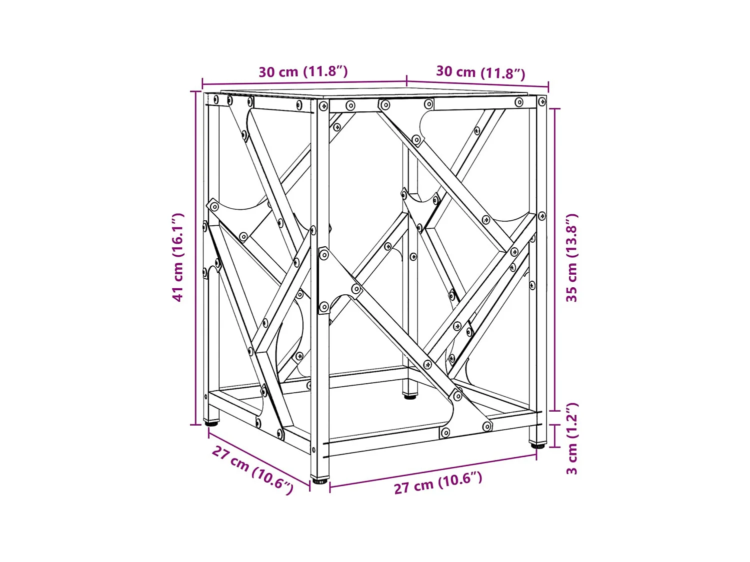 Table basse avec dessus en verre noir 30x30x41 cm acier